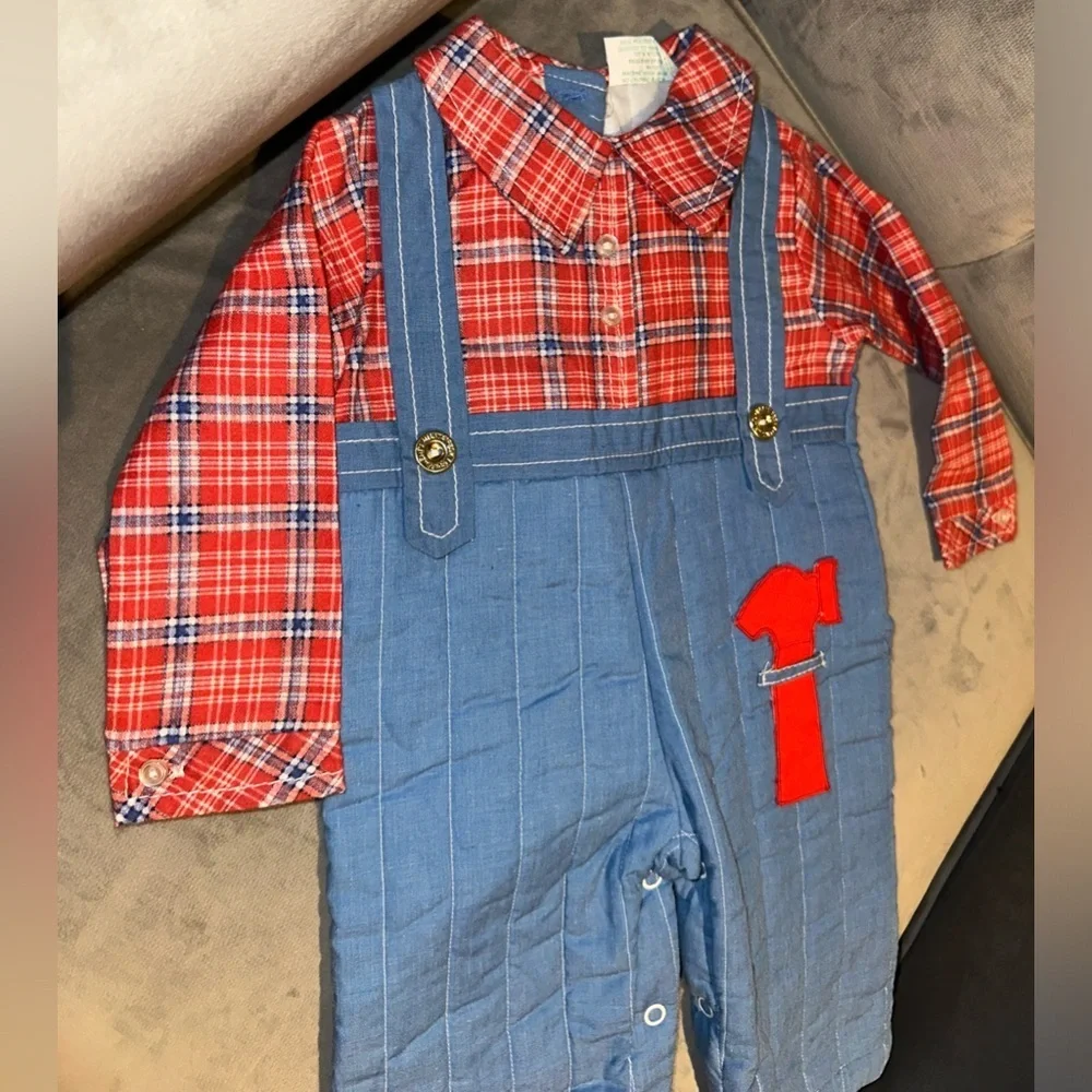 Tiny Tots Originals Puritan Red Plaid and Blue Kids Overalls with Patch
